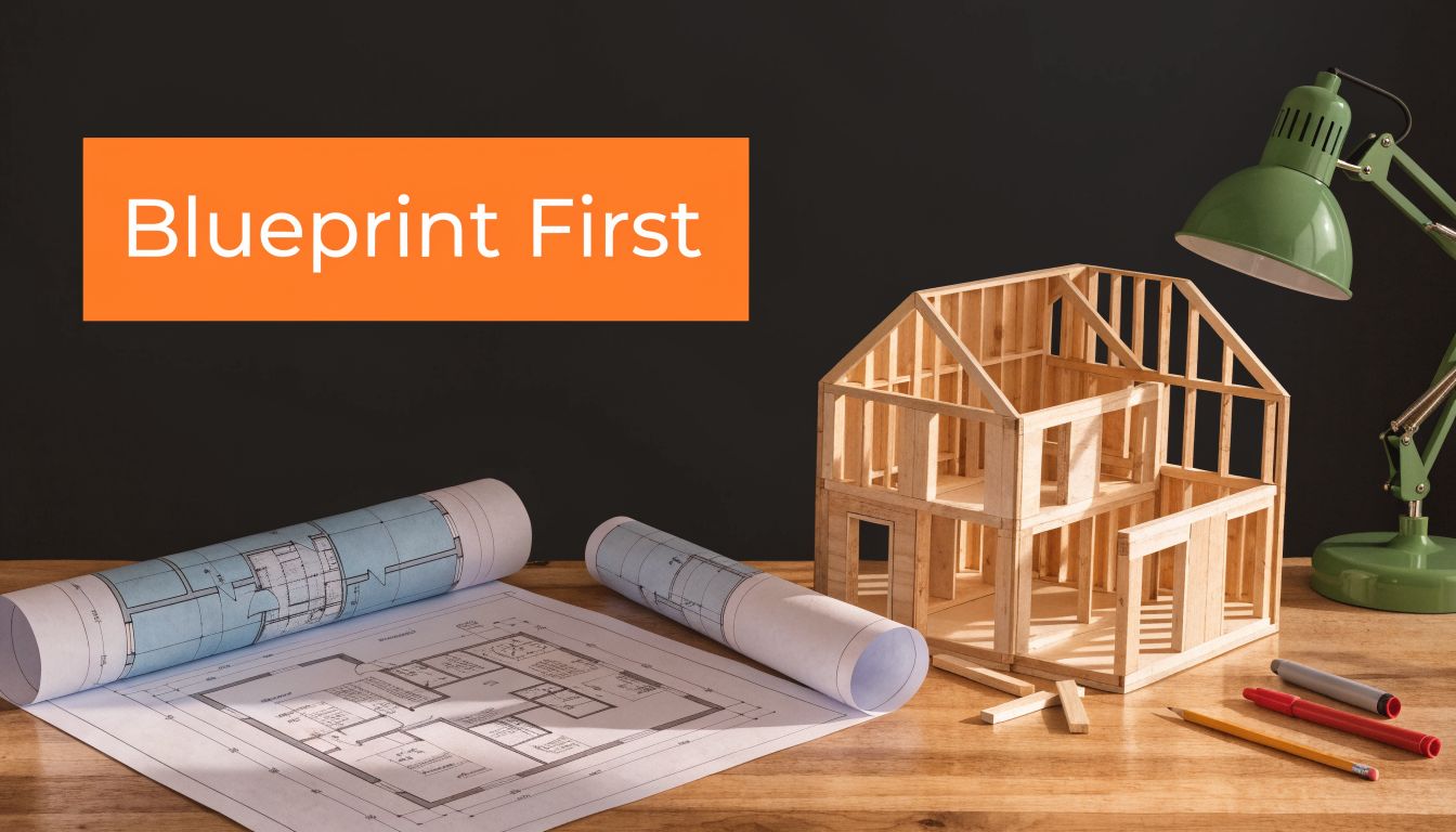 Architectural blueprints and a wooden house model on a desk with a lamp and writing pens.