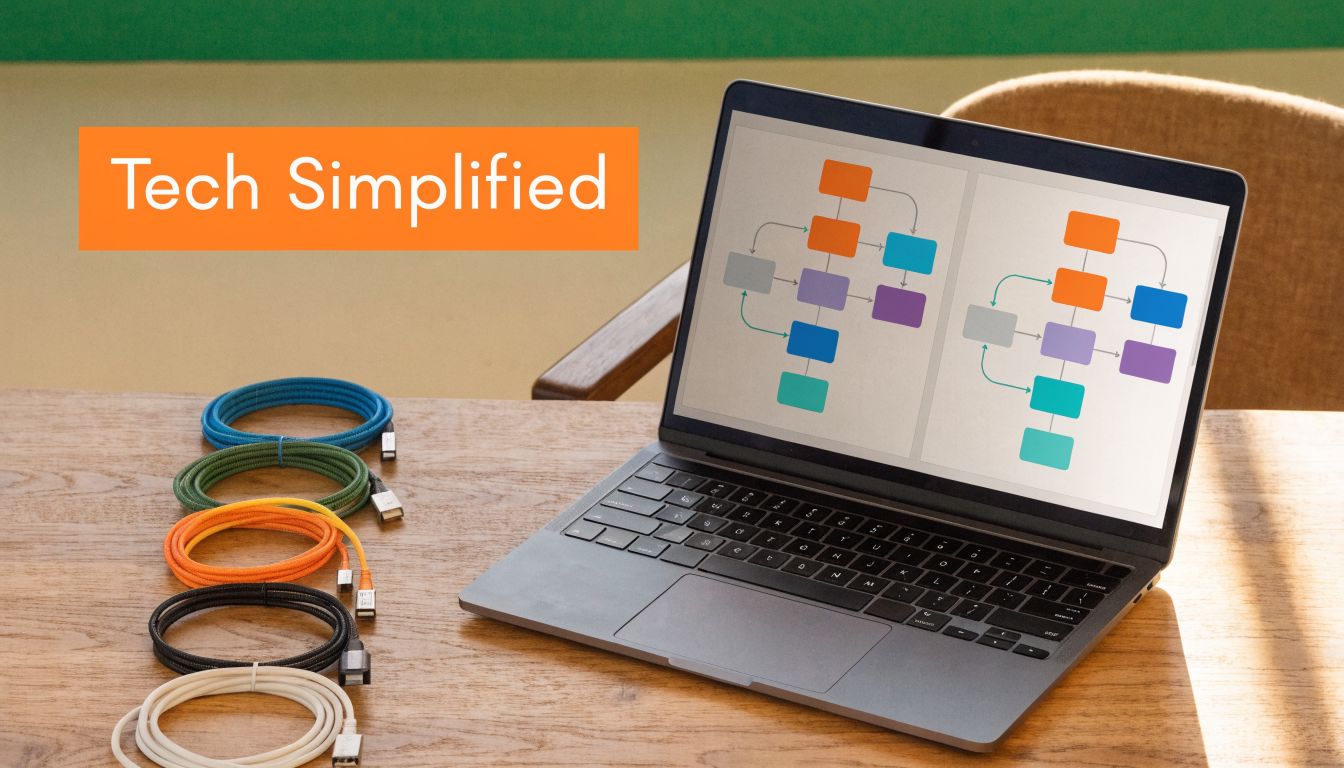 A laptop showing a flow chart with coiled charging cables on a wooden desk near a window.