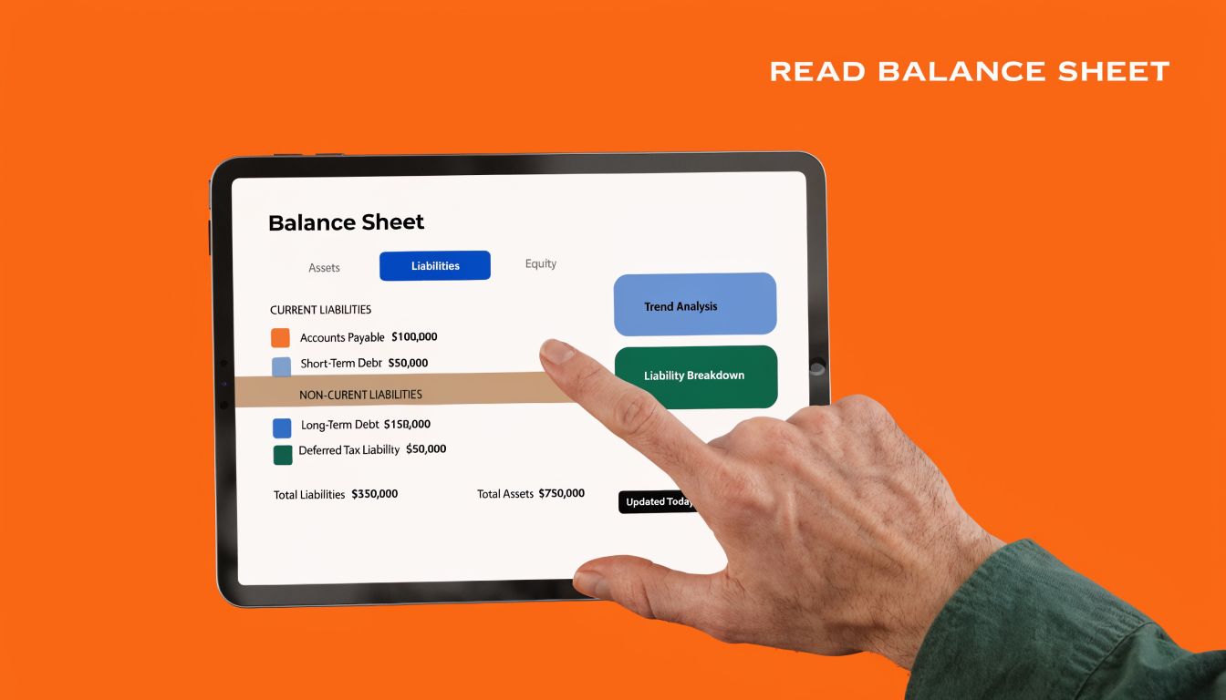 A person using a tablet to analyze a digital balance sheet showing liabilities and financial data.