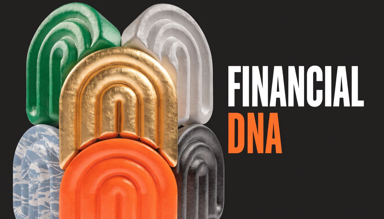 A 3D graphic showing stacked abstract arch shapes with diverse textures beside the text Financial DNA.