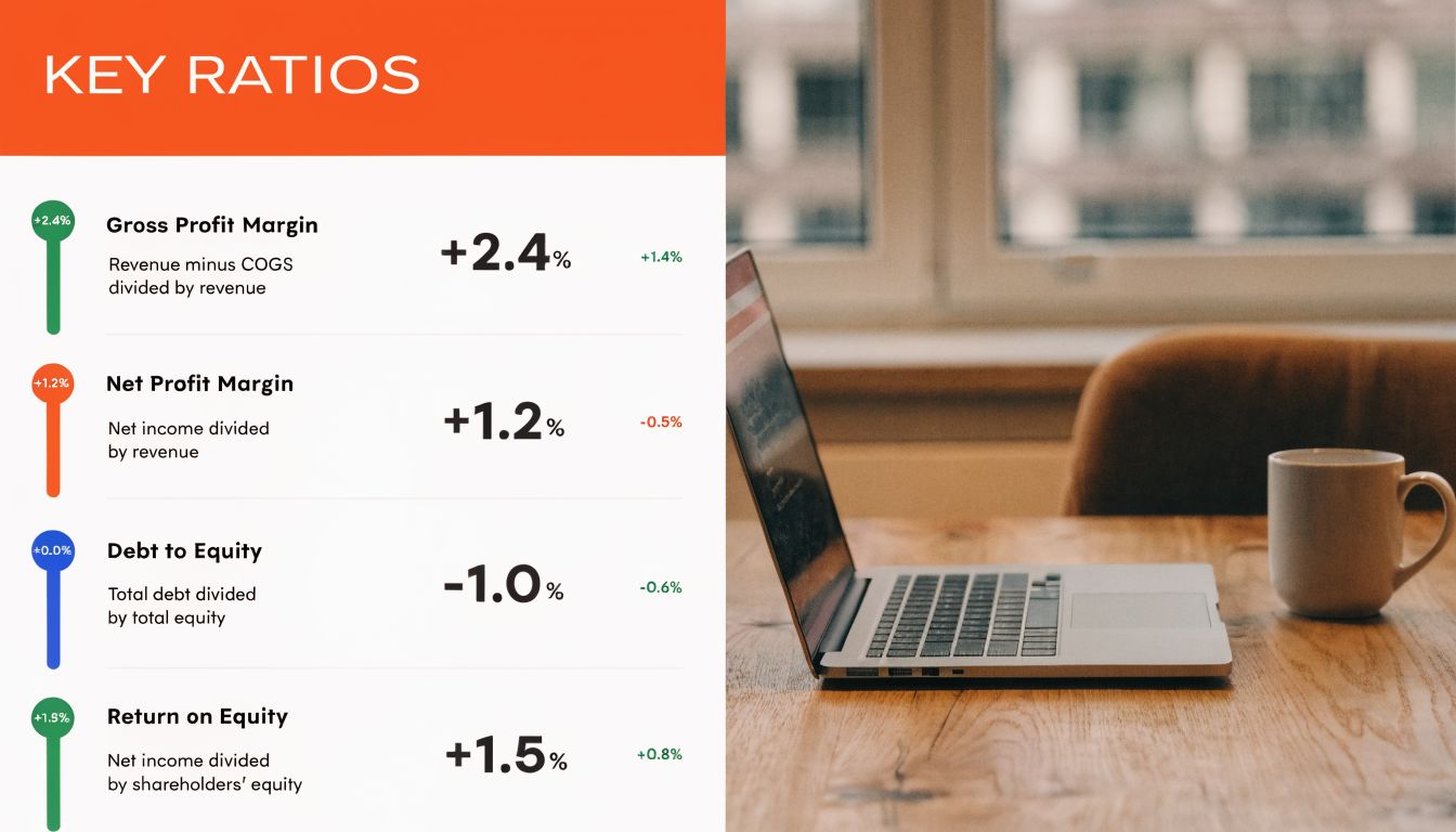 A graphic showing key financial ratios like Gross Profit Margin, Net Profit Margin, Debt to Equity, and Return on Equity.