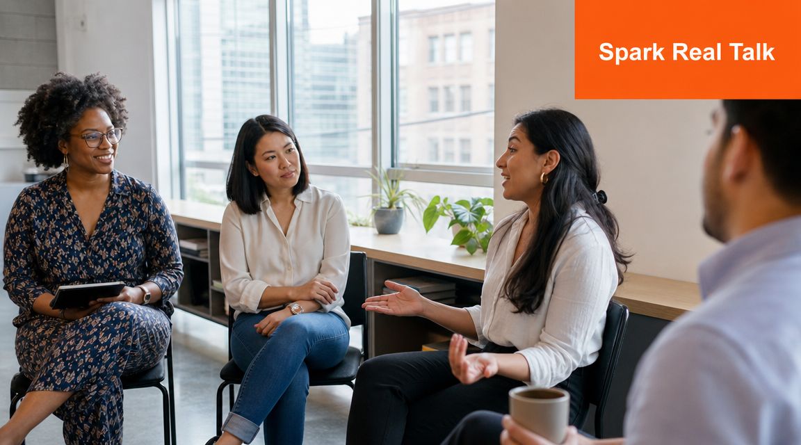 A diverse group of four professionals sitting in a circle for an in-person office workshop discussion.