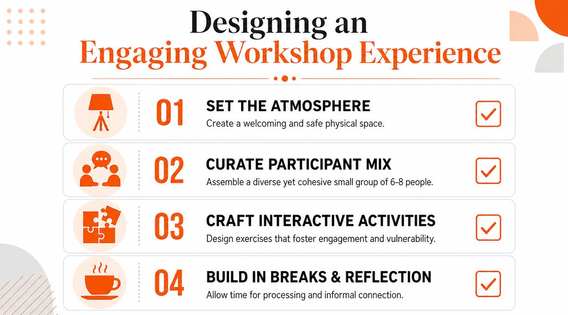 A slide titled Designing an Engaging Workshop Experience with four numbered steps and icons for workshops.