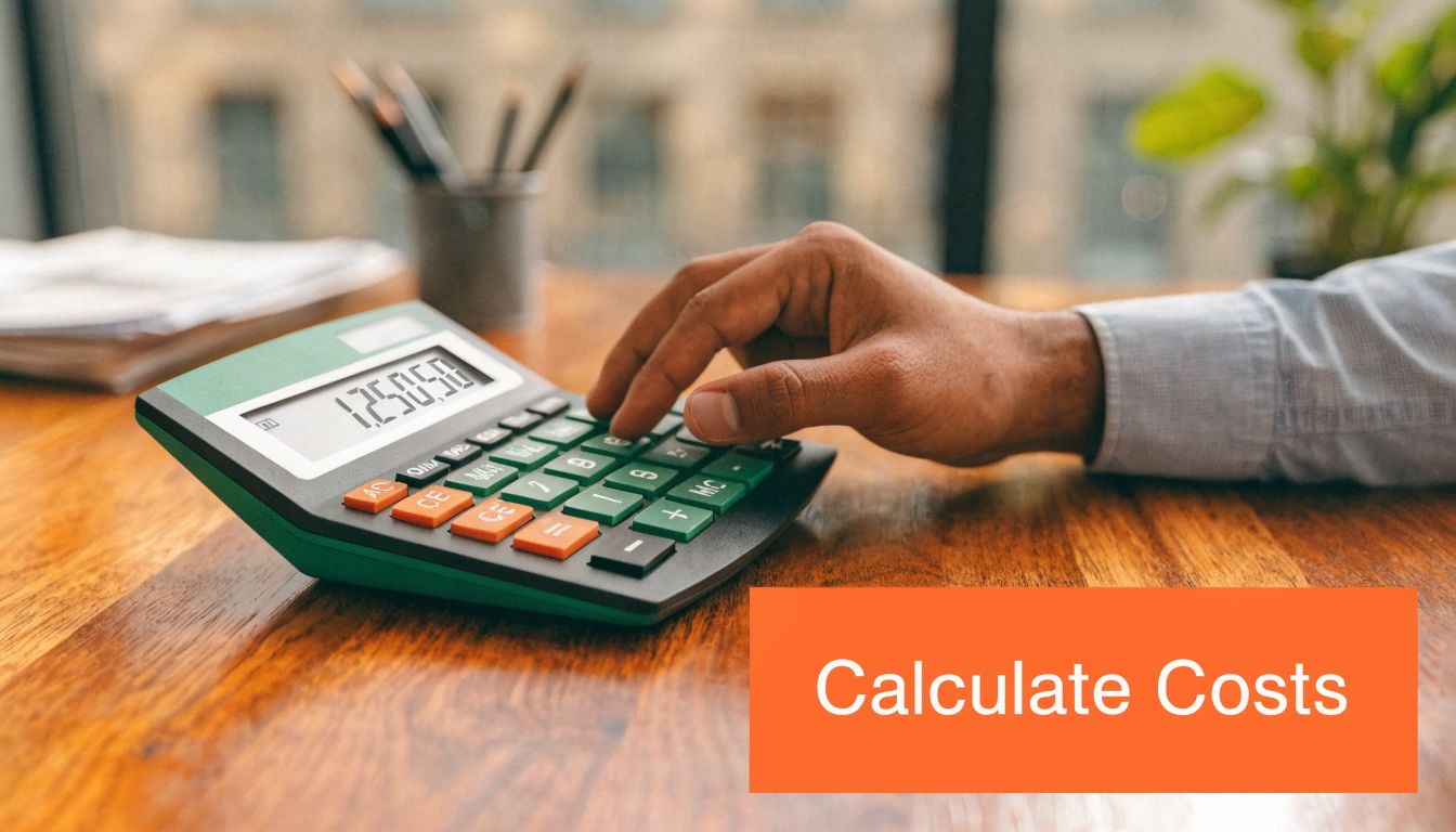 A close up view of a person using a calculator on a wooden desk with text overlay.