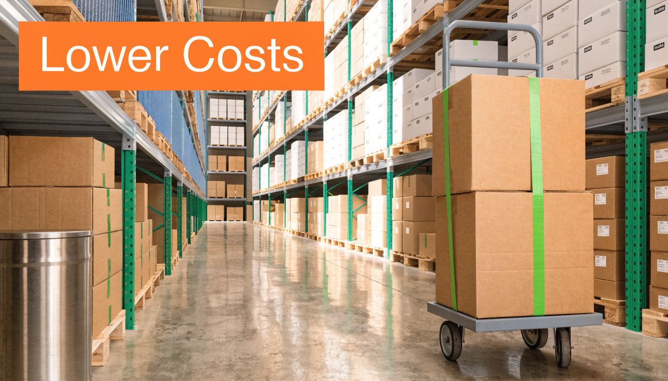 A hand truck carrying two large cardboard boxes in a spacious, well-organized warehouse with tall shelving units.
