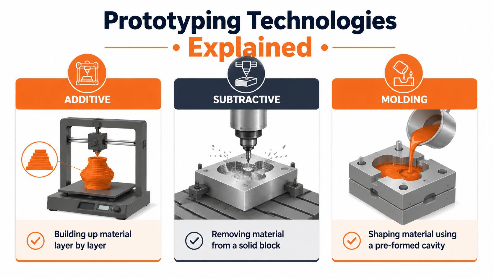 A diagram comparing three rapid prototyping technologies: additive manufacturing, subtractive manufacturing, and molding, explained with visual icons.