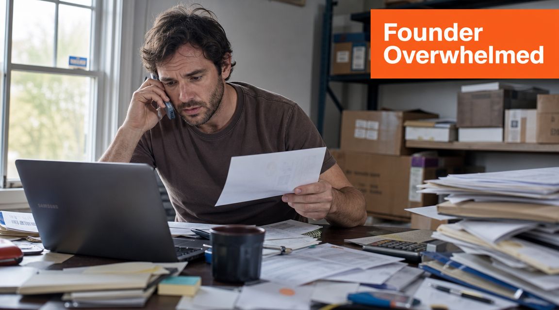 An overwhelmed founder sits at a messy desk, talking on the phone and reviewing important paper documents.