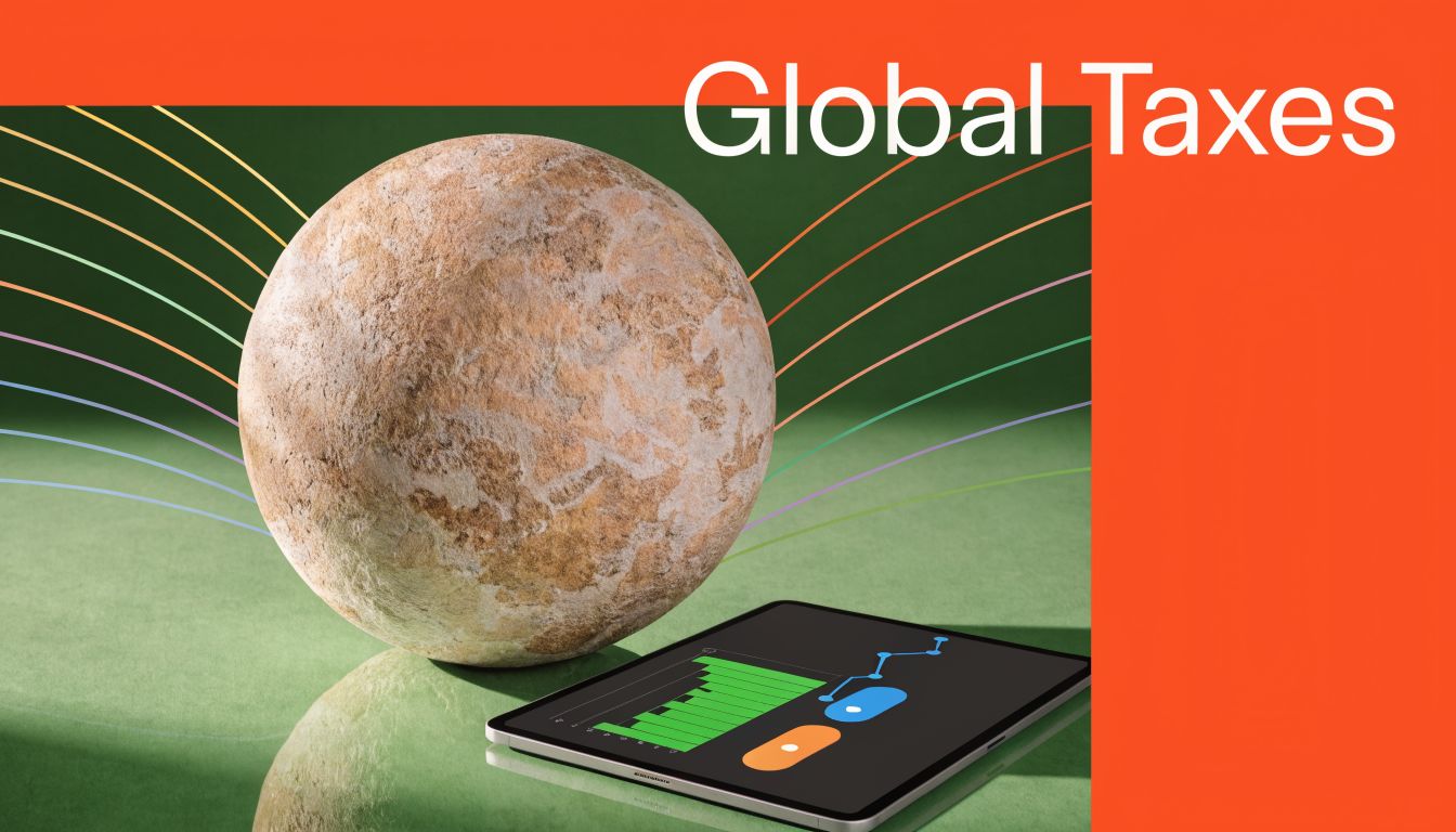 A stone sphere and a tablet displaying financial charts on a green surface with rainbow lines.