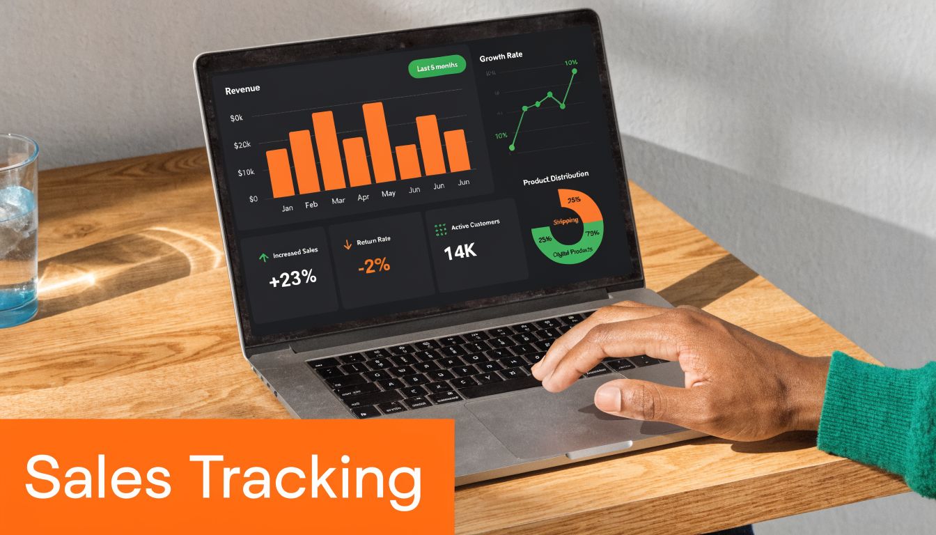 A close-up view of a person using a laptop displaying sales tracking data on a wooden desk.