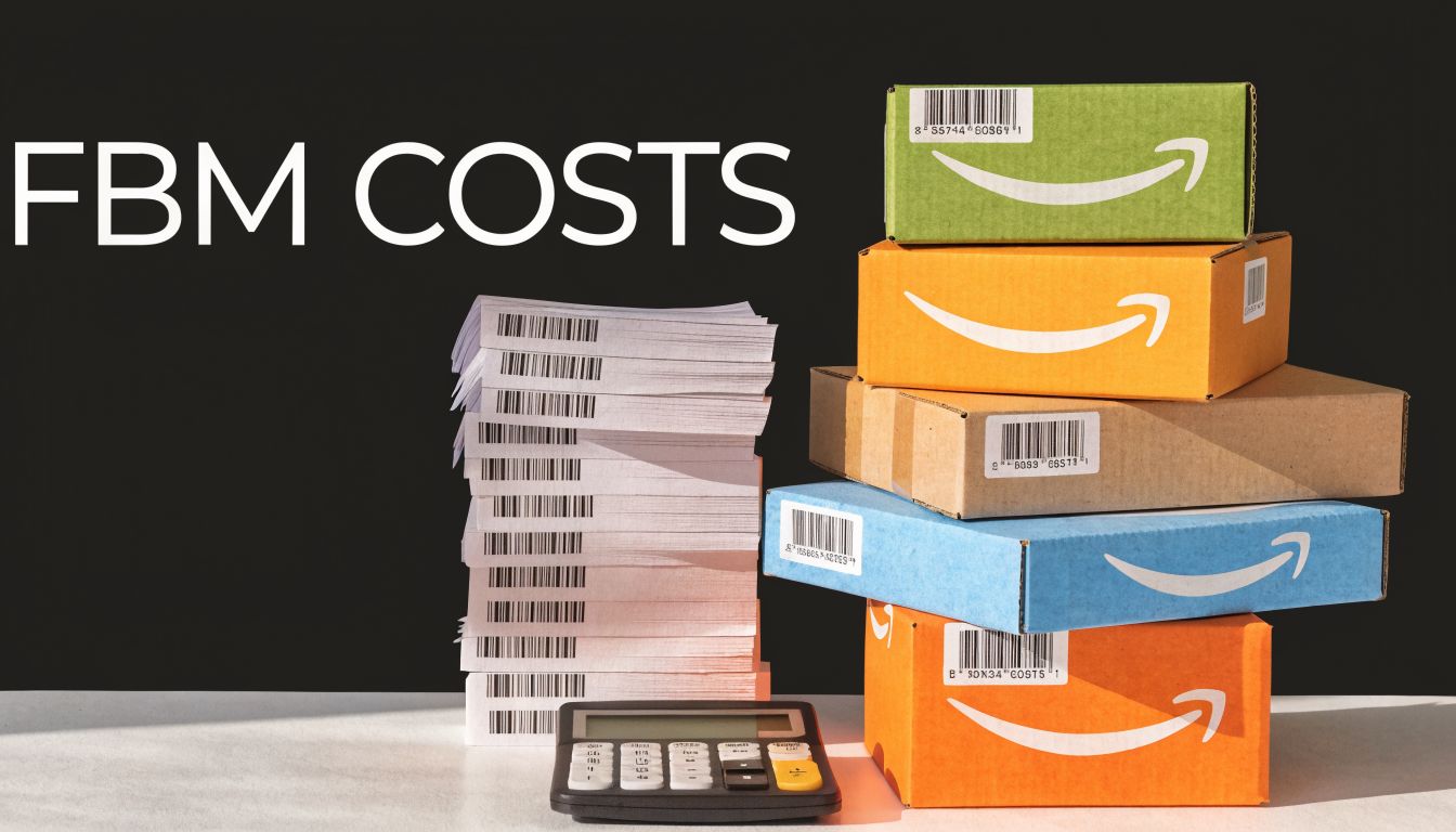 A stack of Amazon shipping boxes next to a stack of barcode labels and a calculator.