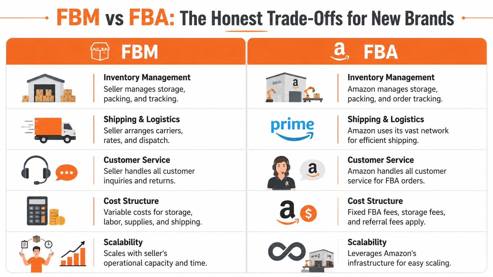 A comparison chart outlining the key differences between FBM and FBA fulfillment models for new online brands.