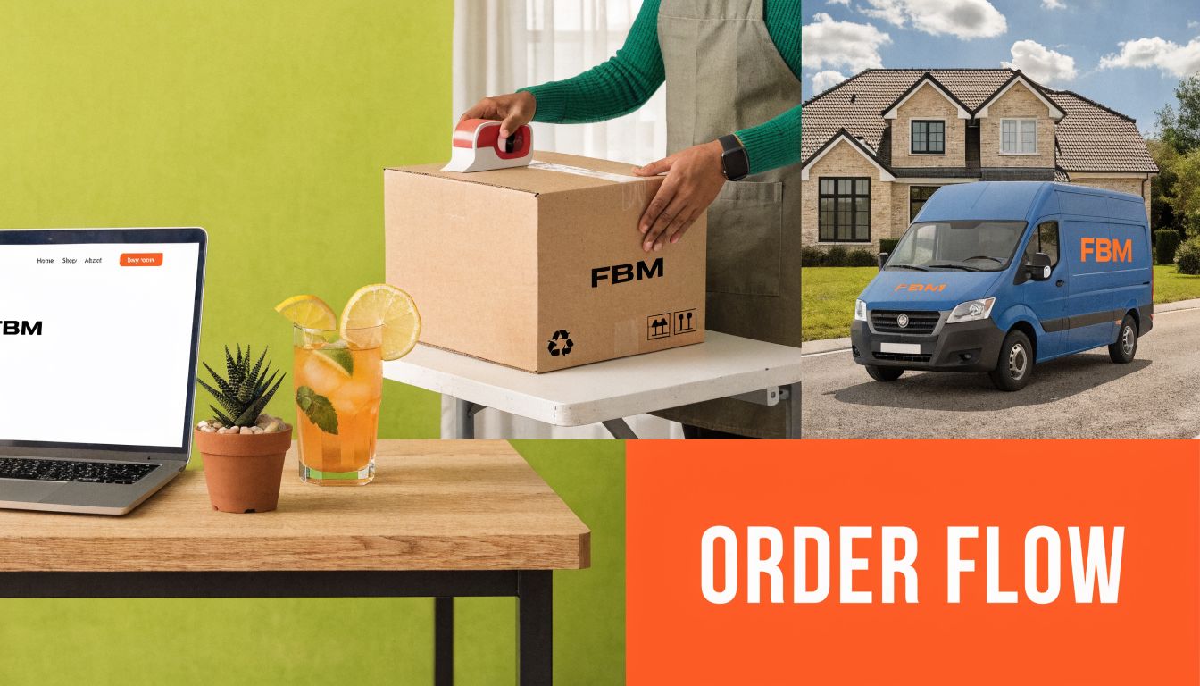 A person preparing a shipping box next to a laptop and delivery van representing FBM logistics.