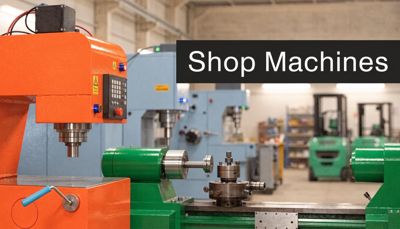 A brightly lit industrial machine shop featuring various metalworking equipment, including lathes and forklift vehicles in background.
