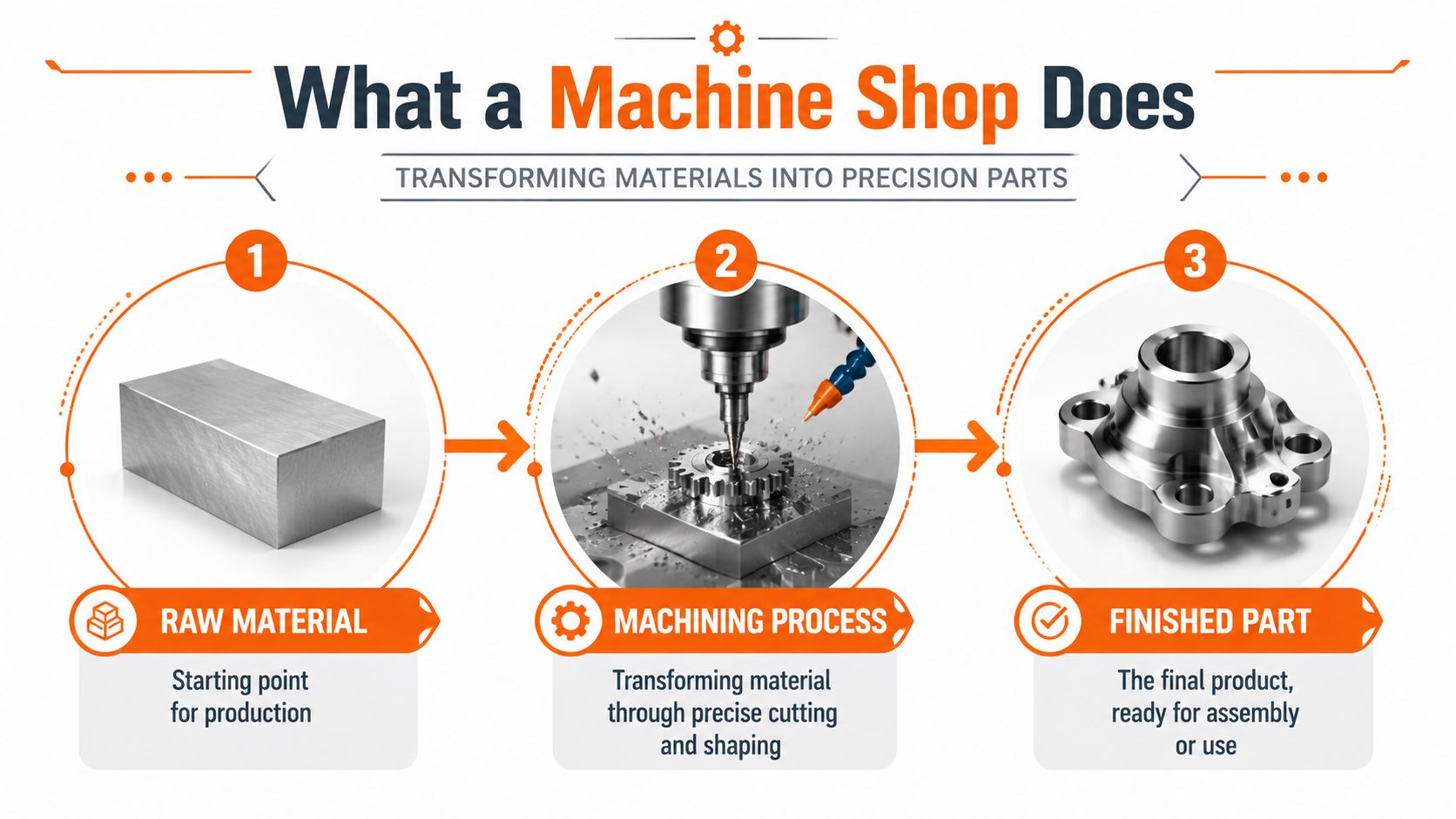 A diagram illustrating the three steps of a machine shop process from raw material to finished part.