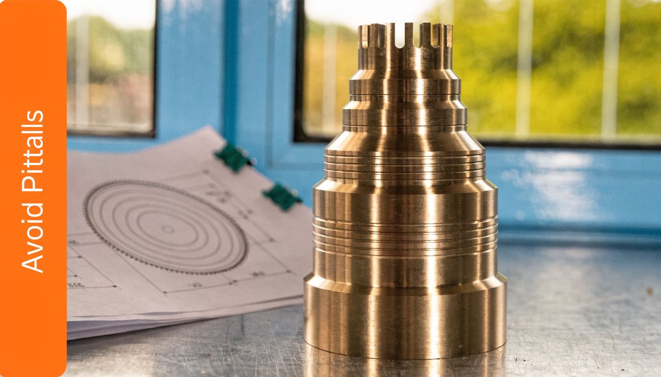 A machined brass metal component placed next to engineering blueprints on a workshop metal table.