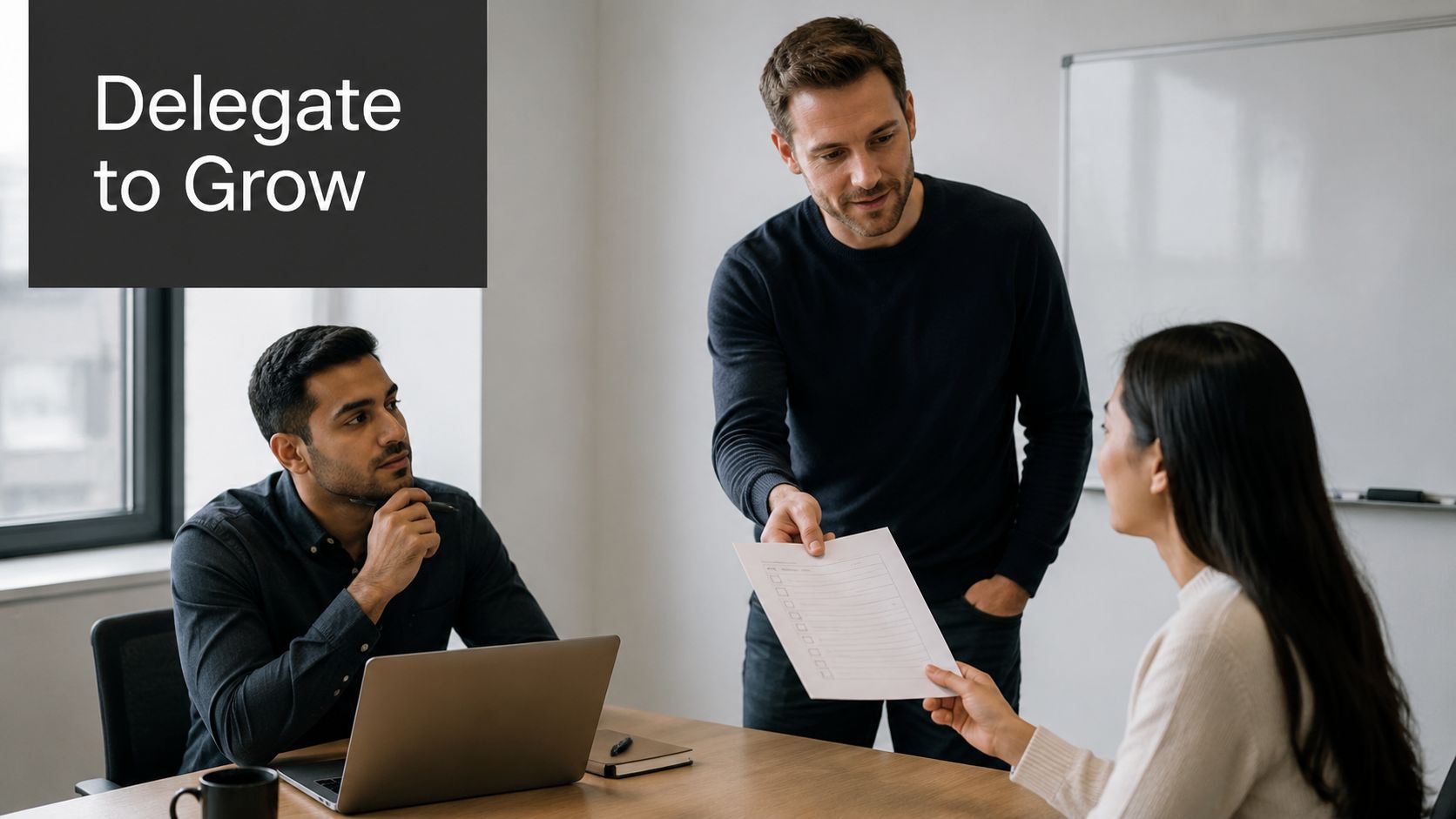 A professional manager delegates tasks by handing a document to a colleague during a team meeting.