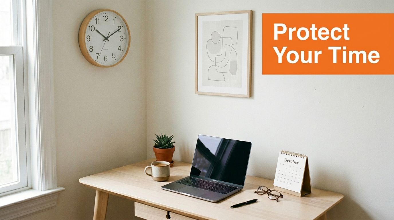A clean, minimalist home office desk with a laptop, succulent, coffee mug, and a clock on the wall.