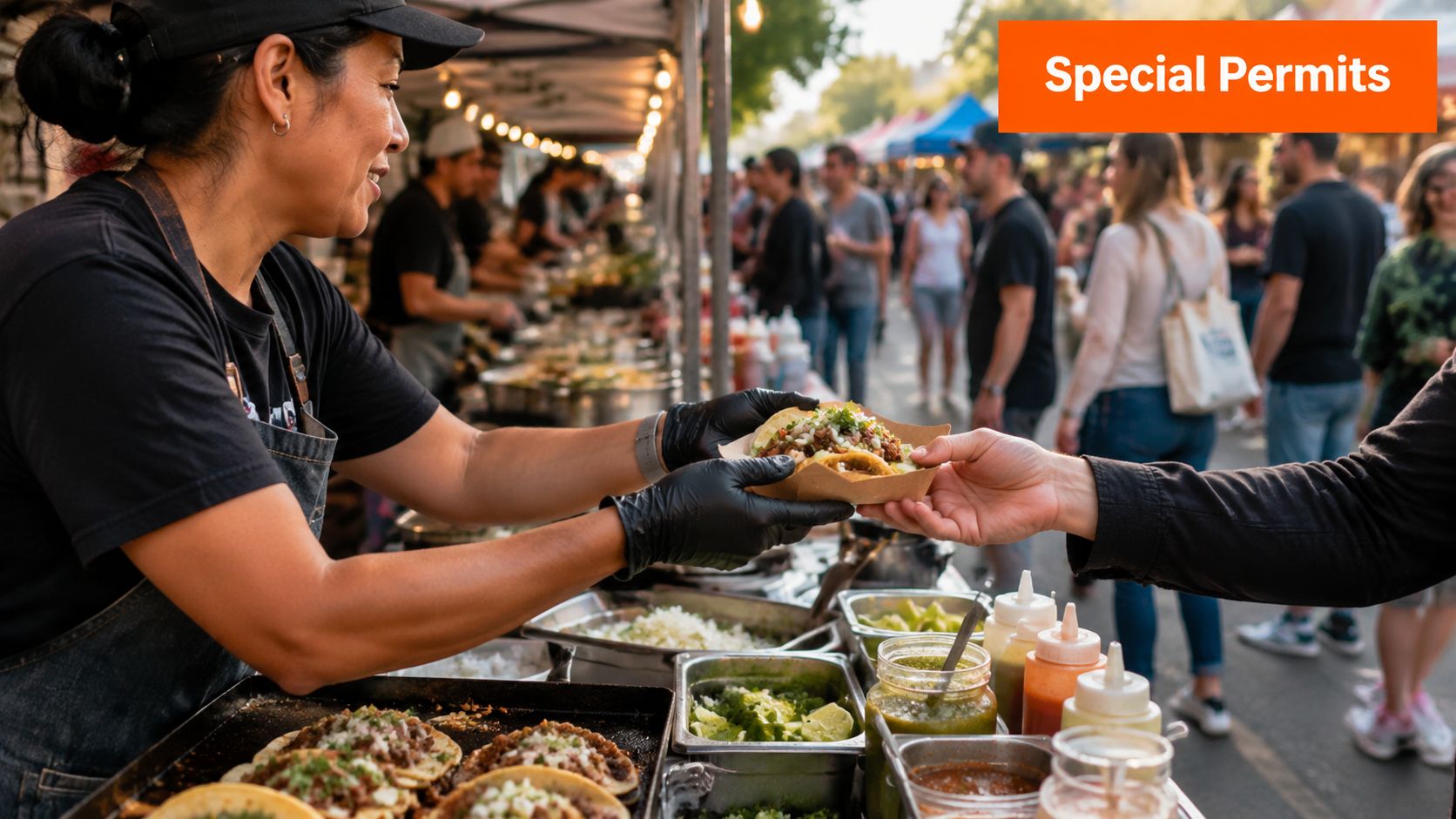 A street food vendor handing a fresh taco to a customer at a busy outdoor market.