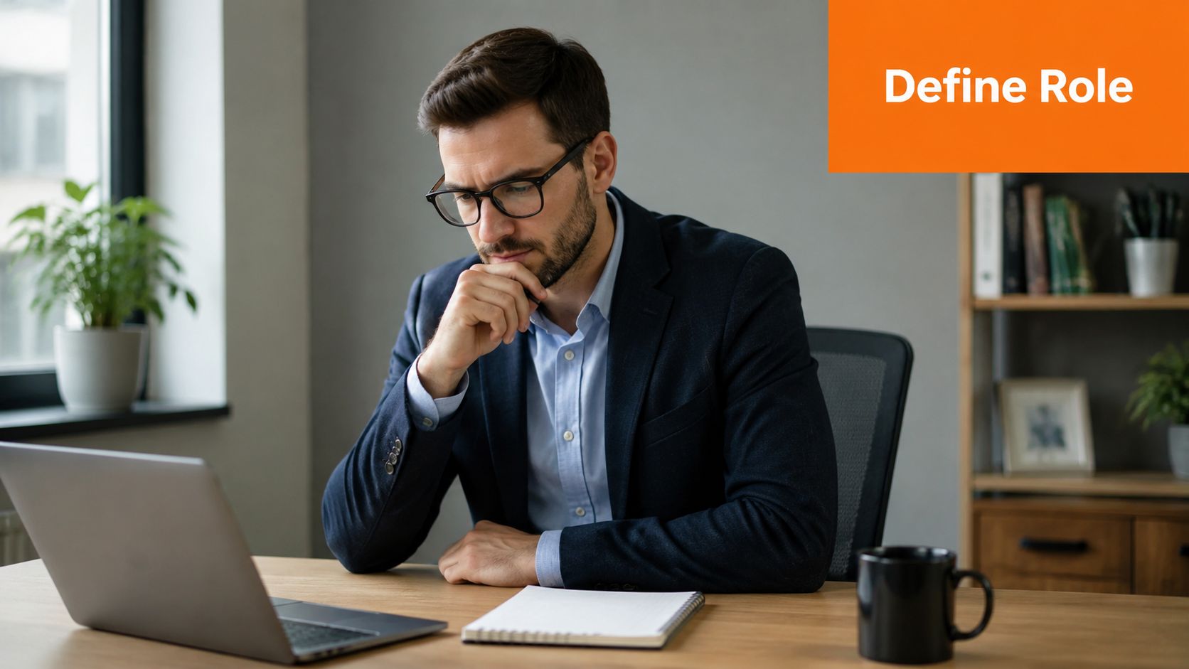 A professional businessman in a suit sitting at a desk and thinking while working on his laptop.