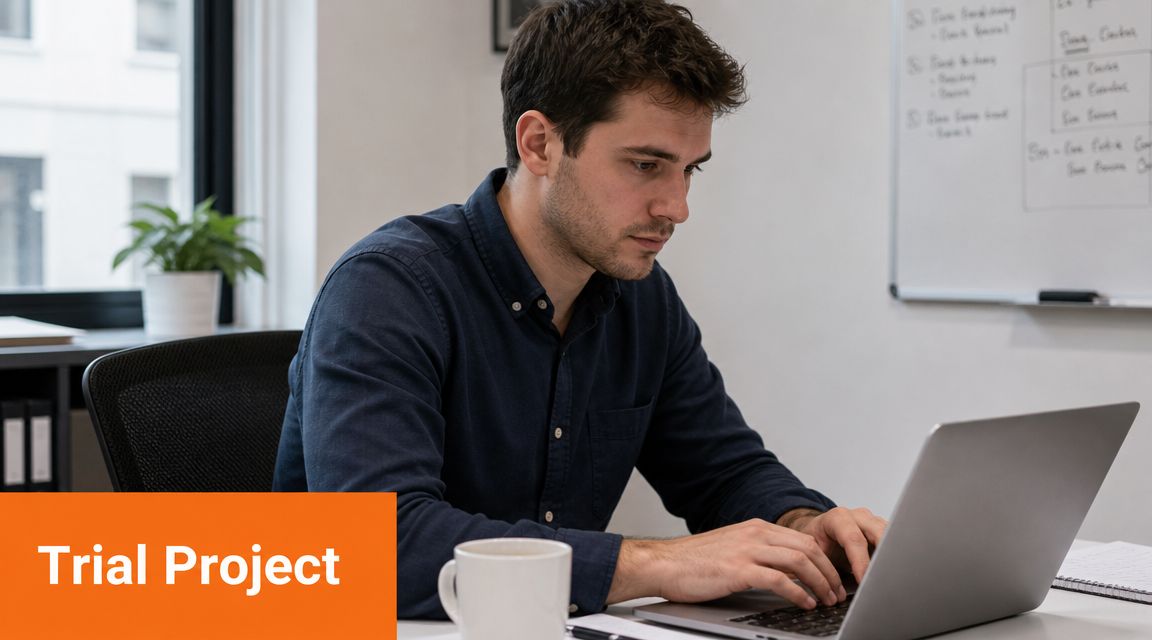 A professional man sitting at a desk while focused on working on his laptop in an office.