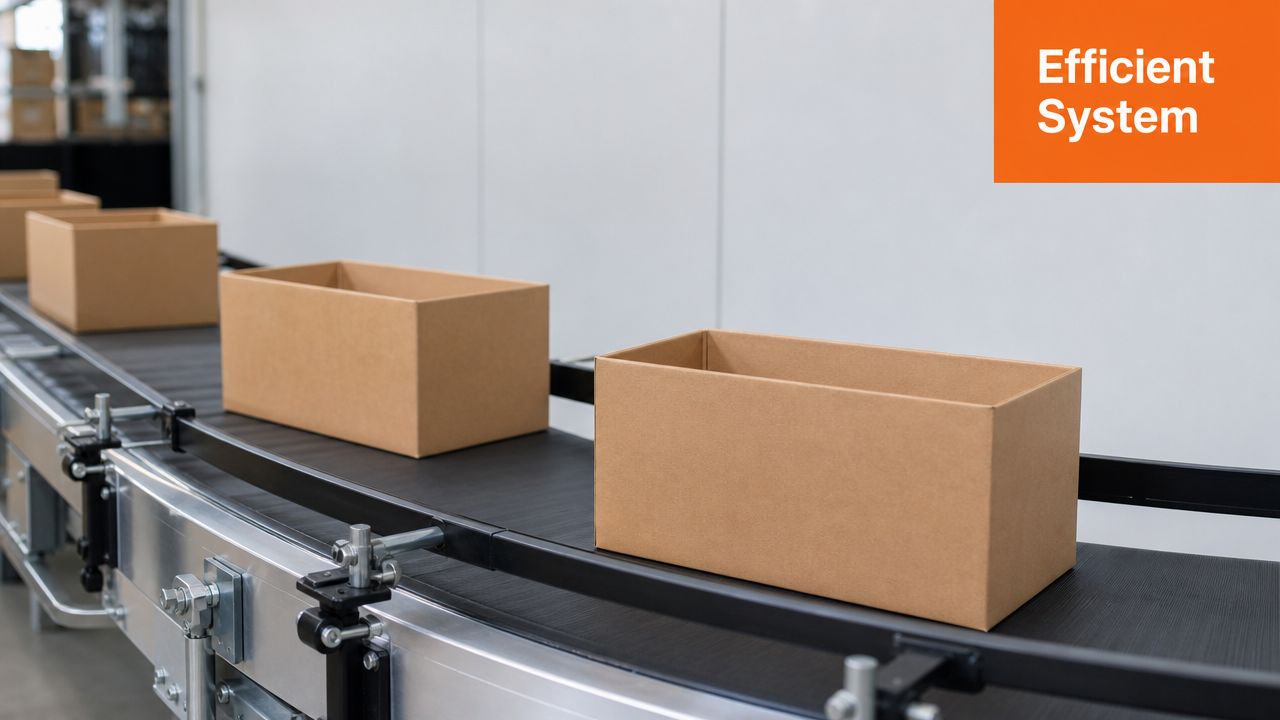 Several empty cardboard shipping boxes moving along a automated industrial conveyor belt in a warehouse setting.