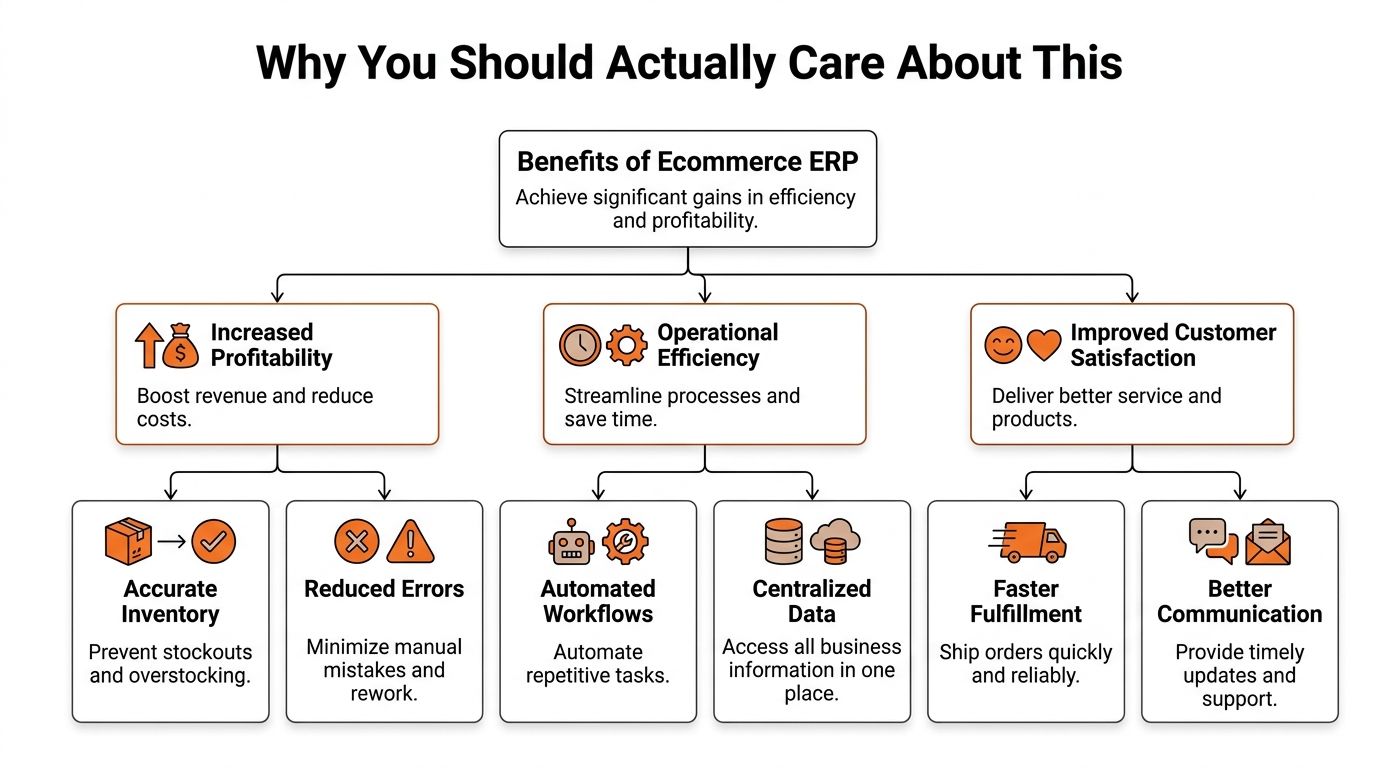 A flowchart detailing the benefits of ecommerce ERP systems including increased profitability, operational efficiency, and customer satisfaction.