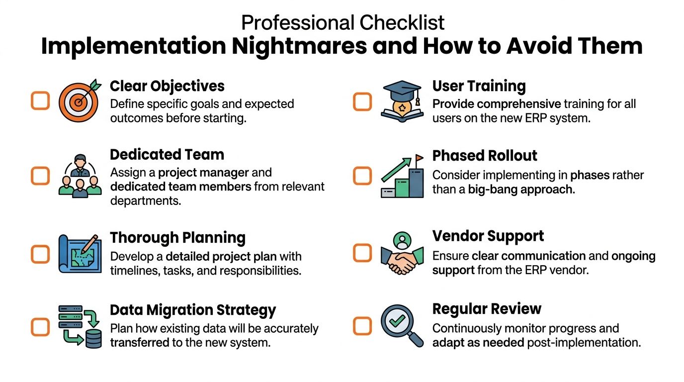 A professional checklist infographic detailing essential steps to avoid common ERP implementation nightmares and project risks.