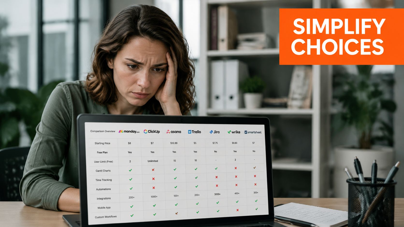 A woman looks stressed while comparing software pricing and features for project management platforms on her laptop.