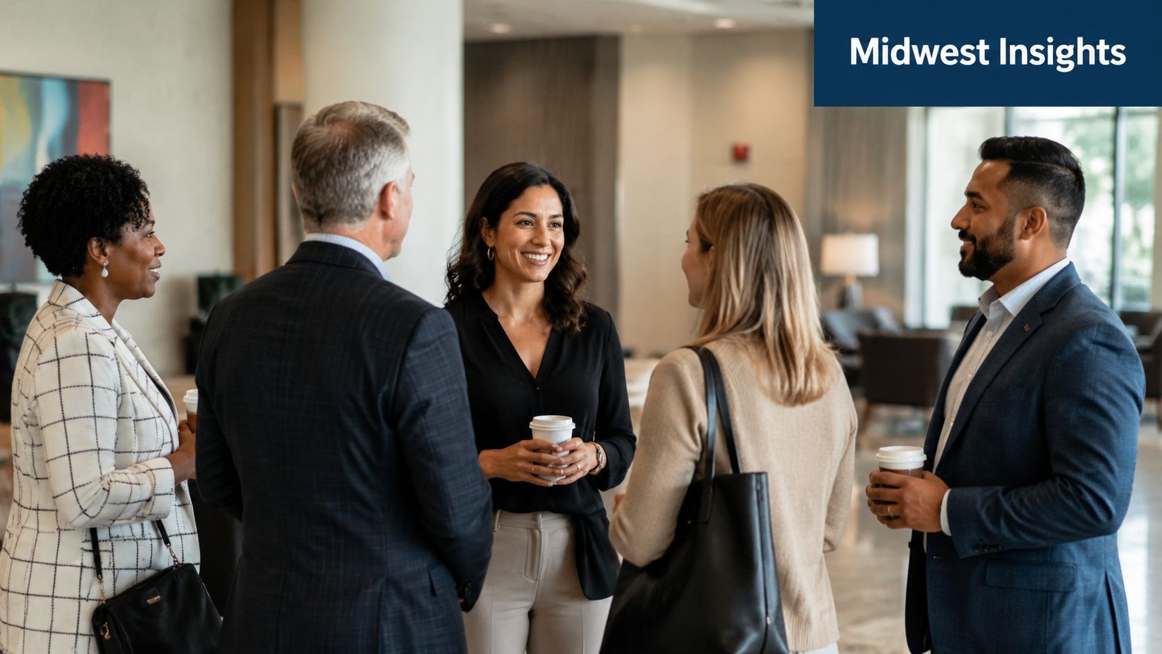 A diverse group of business professionals networking and talking while holding coffee cups in an office lobby.