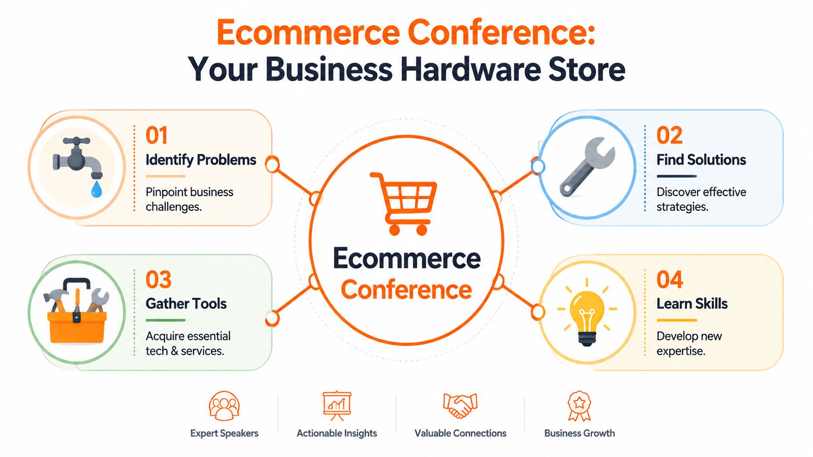An infographic titled Ecommerce Conference Your Business Hardware Store showing four steps to business success.