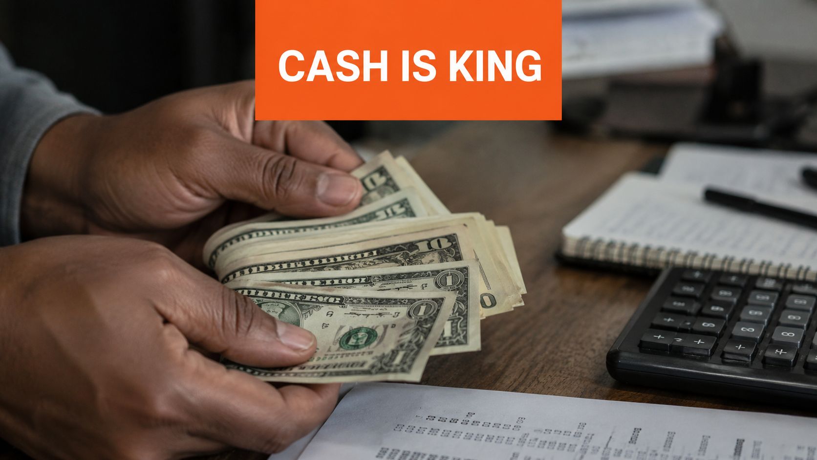 A pair of hands counting and holding United States dollar banknotes at an office desk with a calculator.