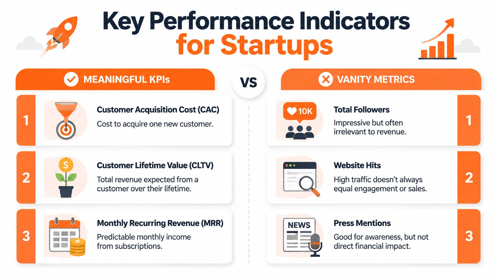 A comparison chart outlining key performance indicators versus vanity metrics for startup business growth and financial success.