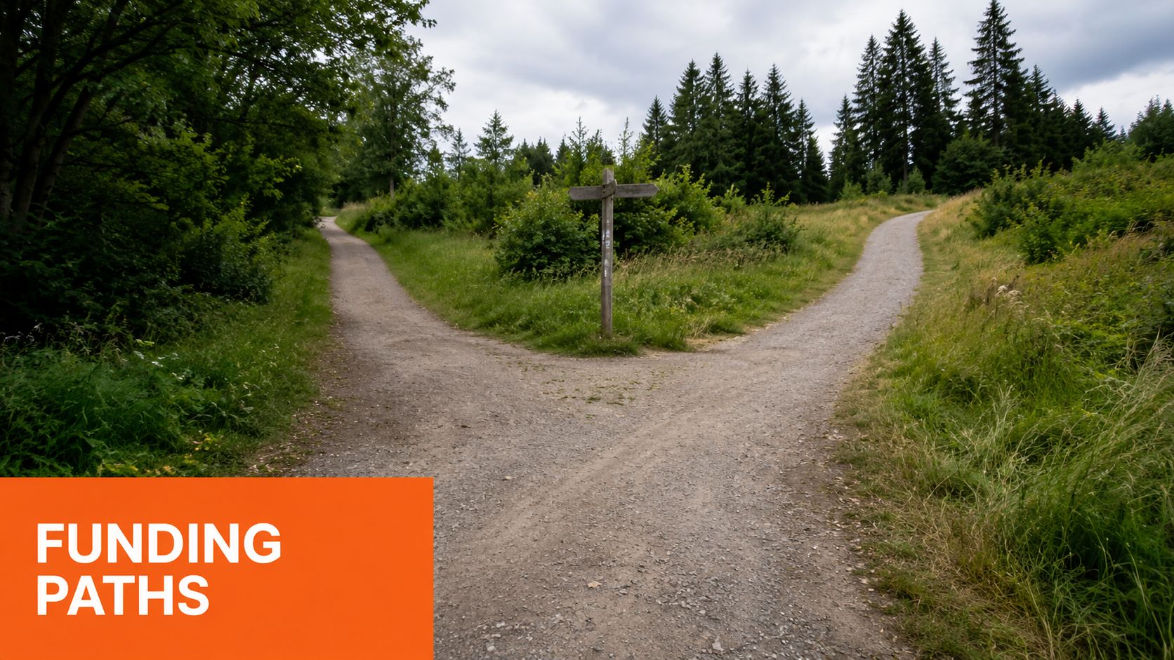 A split dirt path in a lush forest with a wooden signpost indicating two different directions.