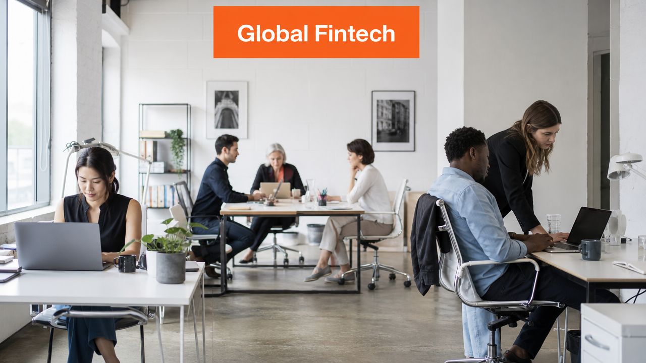 A group of diverse professionals working together in a modern, bright, and open-plan office setting.