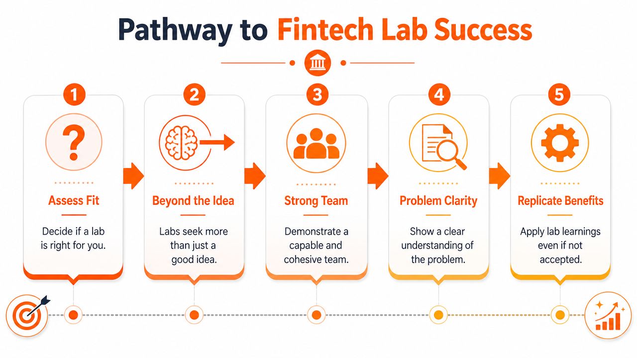 An infographic titled Pathway to Fintech Lab Success displaying five numbered steps for achieving innovation results.