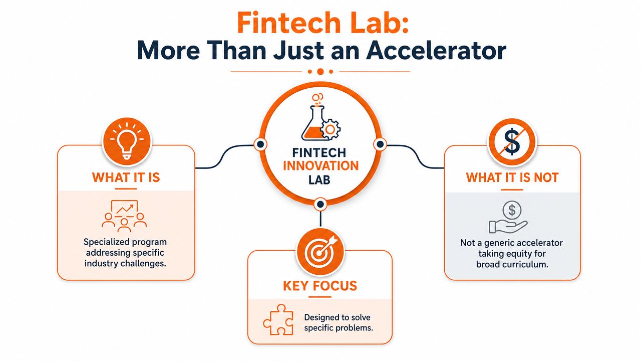 A descriptive diagram explaining how the Fintech Innovation Lab addresses industry challenges rather than taking equity.
