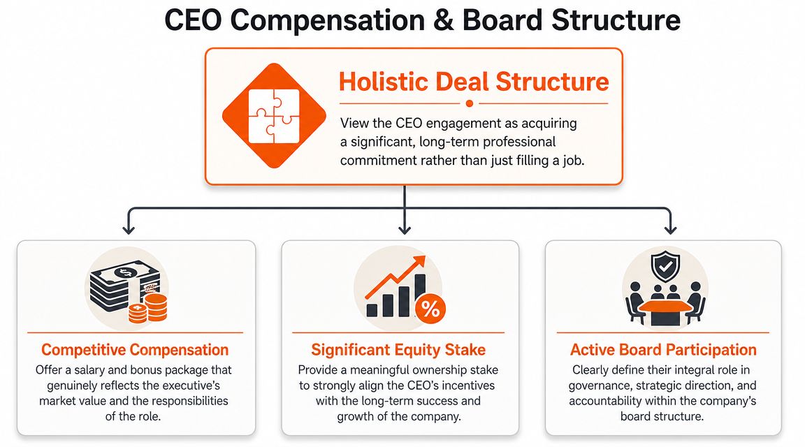 A diagram outlining a holistic deal structure for hiring a CEO, including compensation, equity, and board participation.