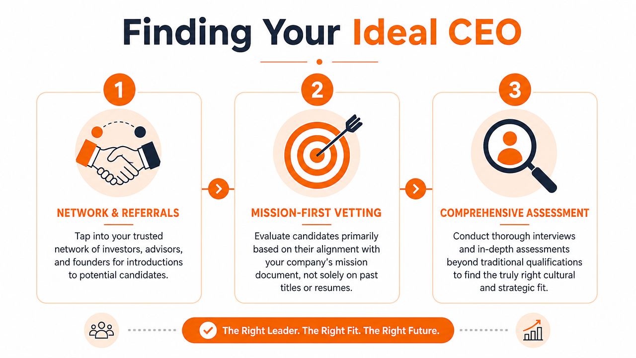 A three-step infographic showing how to find your ideal CEO through networking, vetting, and assessment.