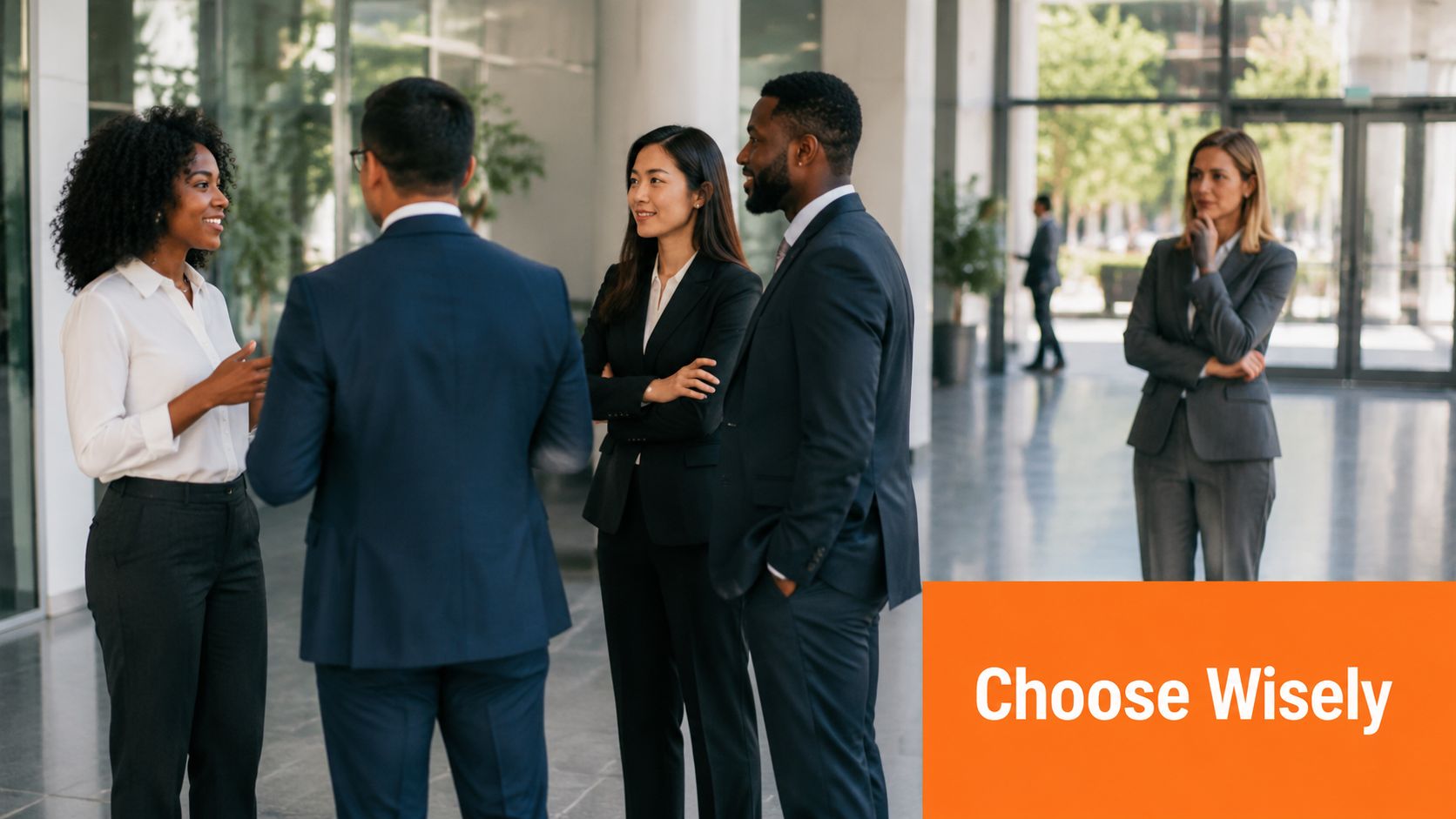 A diverse group of professional business colleagues engaging in a collaborative conversation inside a modern corporate office lobby.