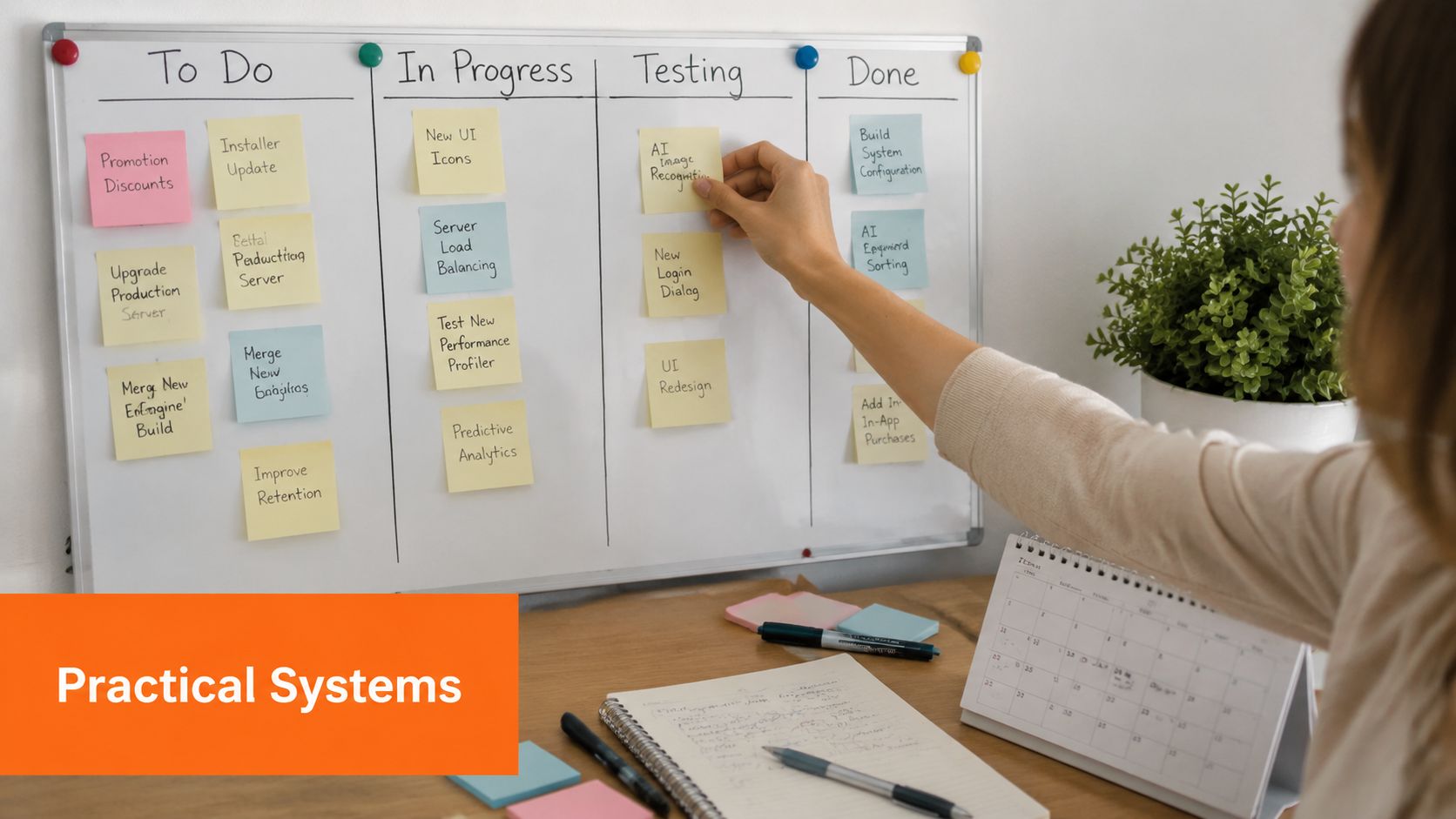 A professional woman managing project tasks using a Kanban board with sticky notes in an office setting.