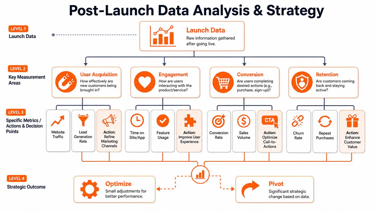 A comprehensive flowchart outlining the post-launch data analysis and strategy process for business growth.