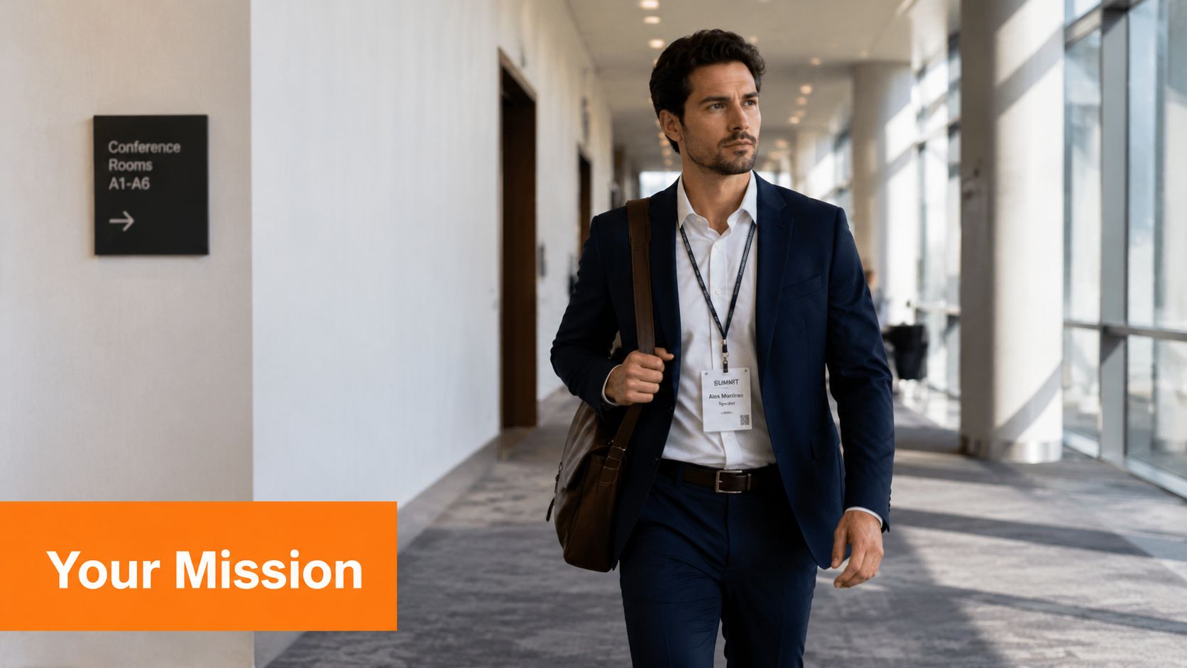 A professional man with a name tag walking down a modern office building hallway with a bag.