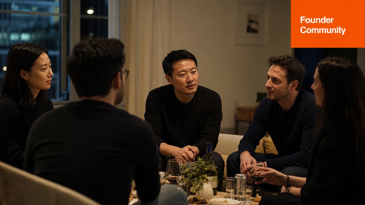 A group of professionals having a collaborative discussion while sharing drinks in a warm, dimly lit office space.