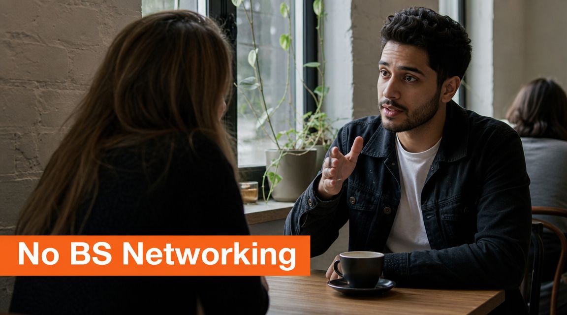 A man explaining something to a woman during a professional networking meeting at a cafe table.
