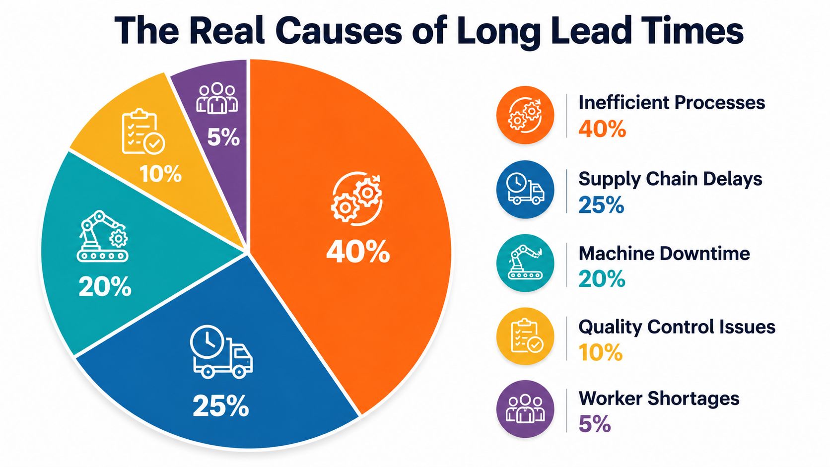 A pie chart illustrating the real causes of long lead times in manufacturing and supply chain processes.