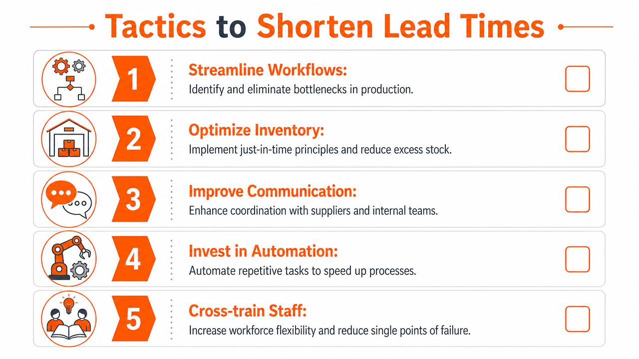 An infographic displaying five essential tactics to effectively shorten production and manufacturing lead times.
