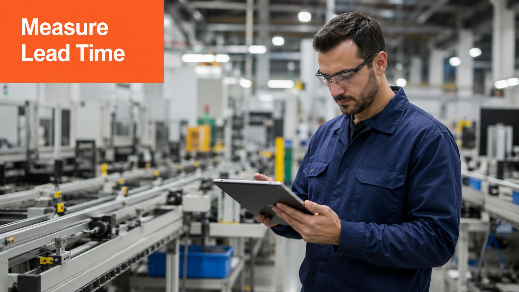A technician wearing safety goggles uses a tablet to monitor manufacturing processes on a factory assembly line.