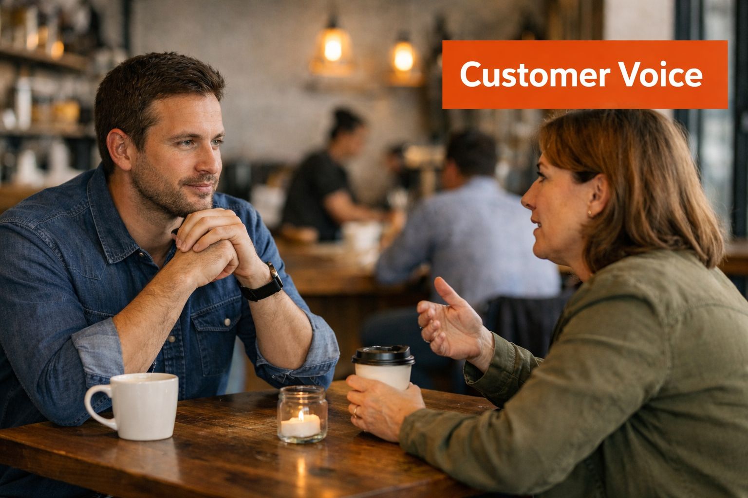 A man and a woman sitting at a table in a cafe having a professional conversation.