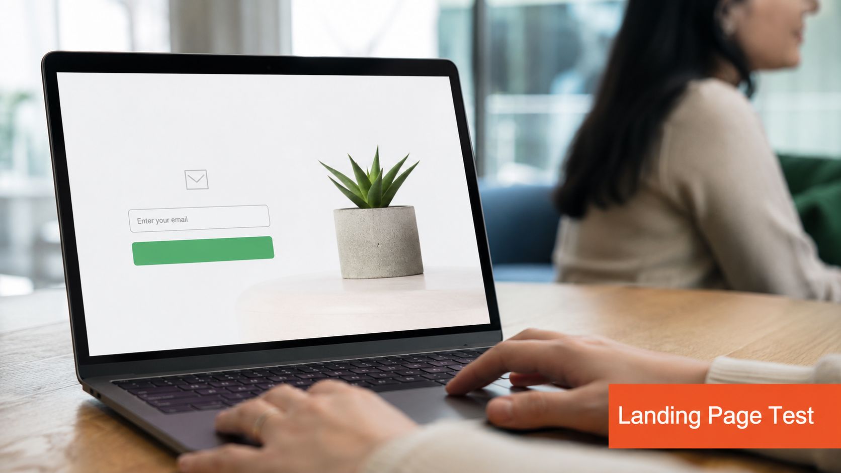 A person using a laptop to view a website landing page with an email signup form.