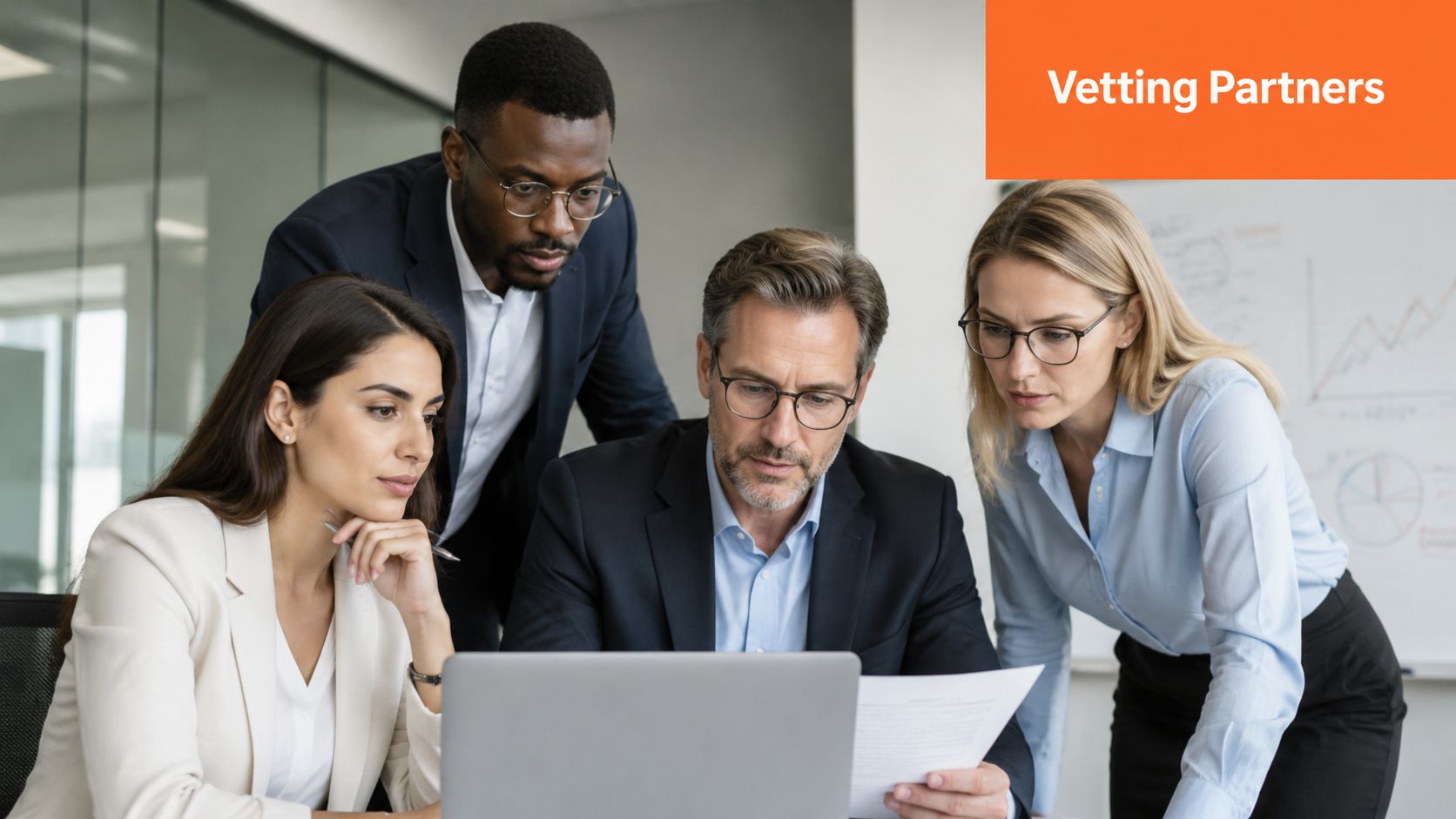 A professional business team collaborating on a strategy project while reviewing documents and a laptop computer.